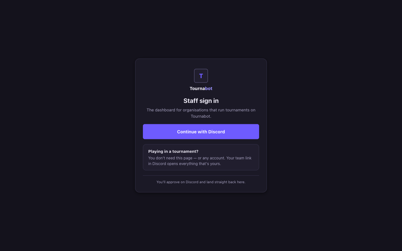 The Tournabot sign-in page for returning staff.