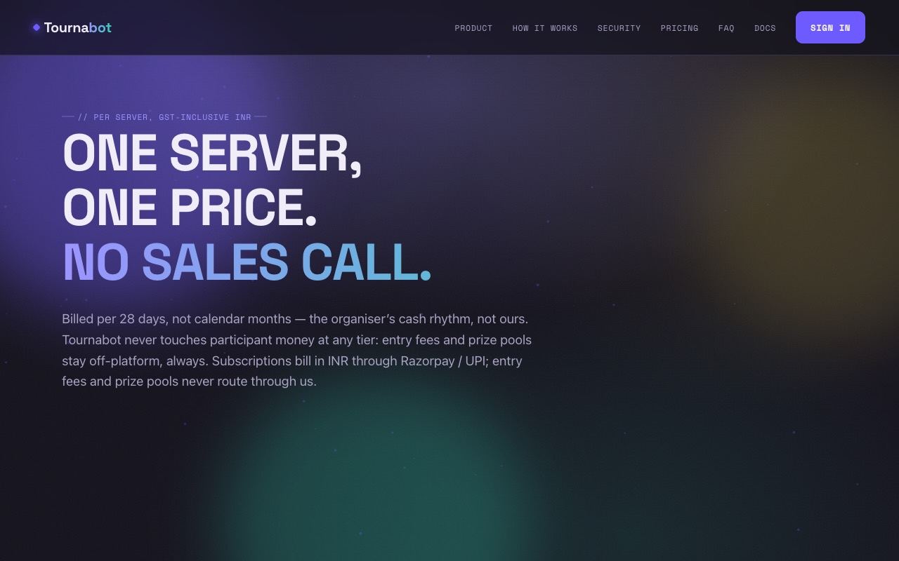 The Tournabot pricing page showing the Free, Scrim, Pro and Circuit tiers.