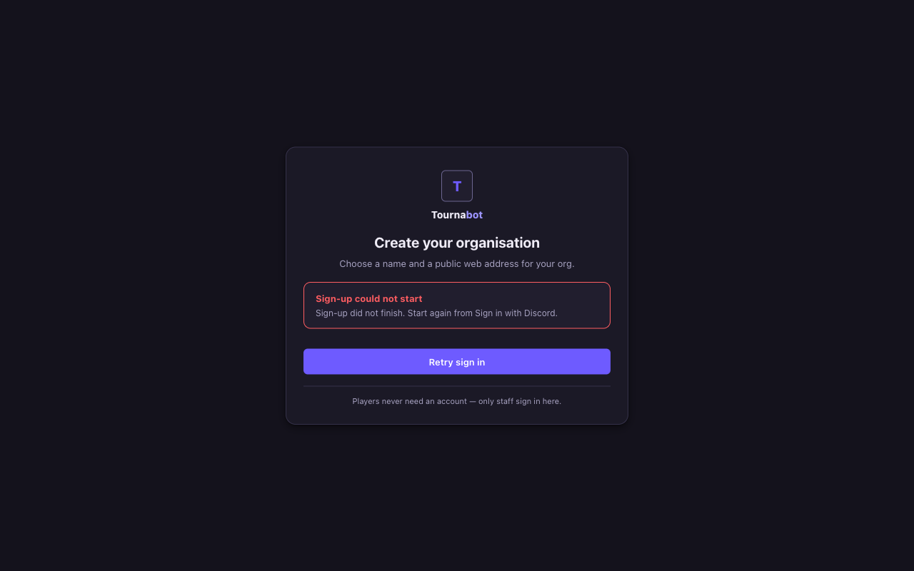 The Tournabot sign-up page, showing the Continue with Discord button.